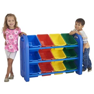 ECR4Kids 3Tier Toy Storage Organizer for Kids, Blue with 12 Assorted Color Bins