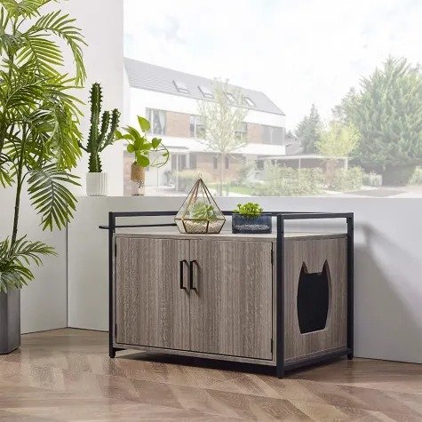 Gray Litter Box Enclosure with Iron Frame Weathered for Cats, 30