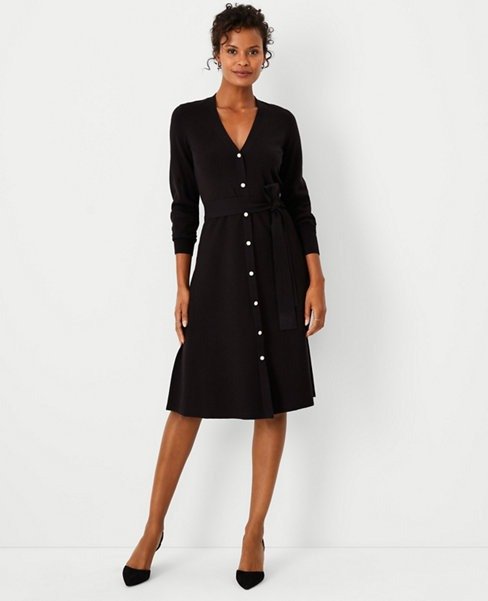 Pearlized Button Belted Sweater Dress | Ann Taylor