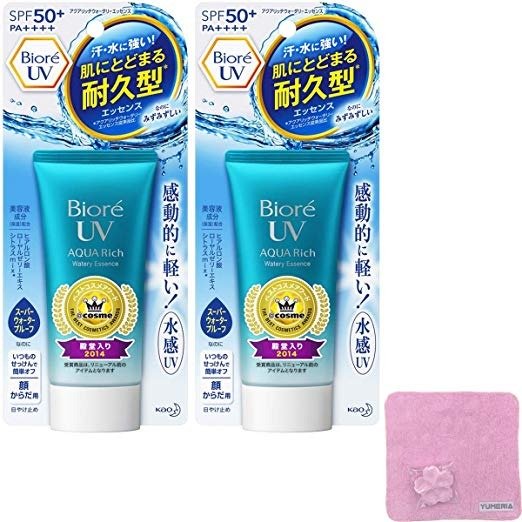 YUMERIA Biore UV Aqua Rich Watery Essence 50g, Sunscreen, SPF50+ PA++++, Latest Package, Set of 2 with YUMERIA Original Sakura Compressed Hand Towel