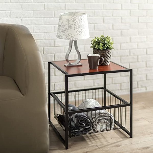 Dane 20 Inch Black Frame Side Table with Storage Basket / End Table / Easy Assembly, Red mahogany wood grain