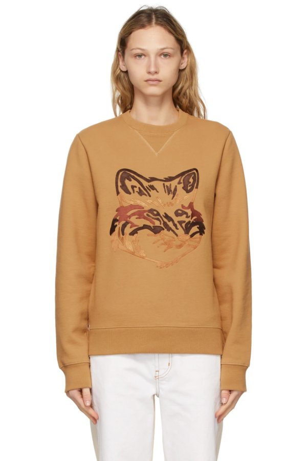 Tan Big Fox Embroidery Sweatshirt