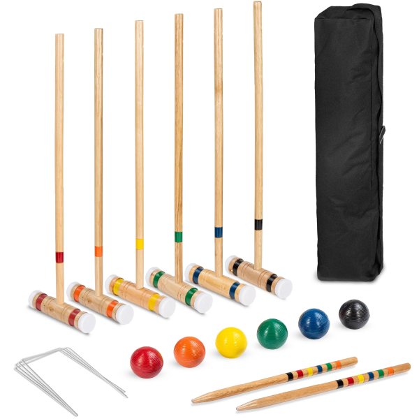 6-Player Wood Croquet Set w/ 6 Mallets, 6 Balls, Wickets, Stakes, Bag