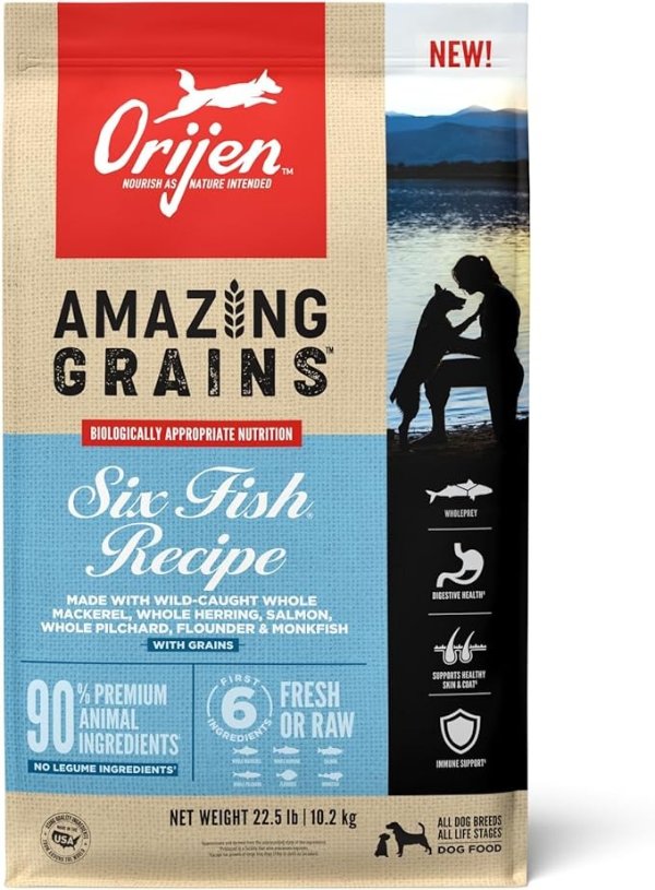 AMAZING GRAINS Six Fish Recipe Dry Dog Food, High Protein Dog Food, Fresh or Raw Ingredients, 22.5lb