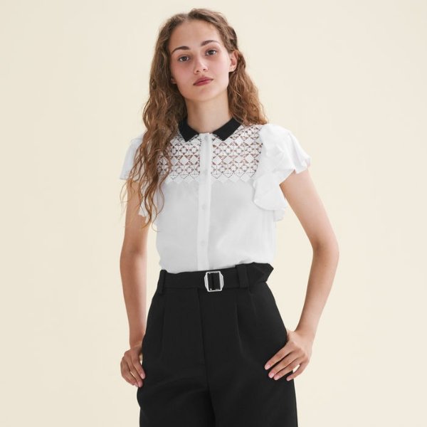 LANIE Two-tone frilled blouse with embroidery