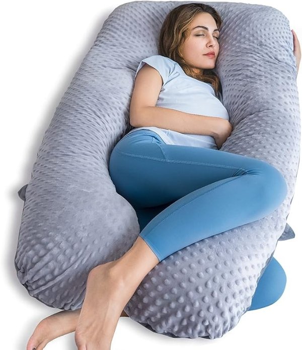 Pregnancy Pillow, Maternity Pillow for Pregnant Women, 55 Inch U Shaped Full Body Pillow for Sleeping Support, Reversible Minky Dot Velvet Cover, Grey