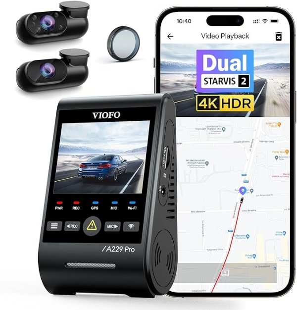 VIOFO A229 Pro 3 Channel 4K HDR Dash Cam, Dual STARVIS 2 Sensors IMX678 & IMX675, 4K+2K+1080P Front Inside and Rear Triple Car Camera, 5GHz WiFi GPS, Voice Control, 24H Parking Mode, Support 512GB