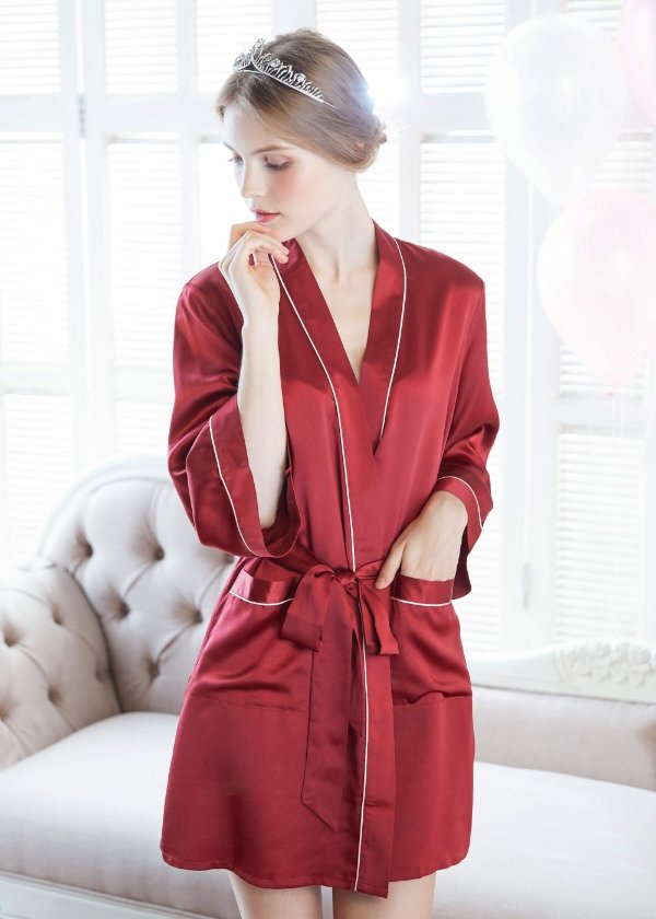 Mid Length Silk Robe With Contrast Trim