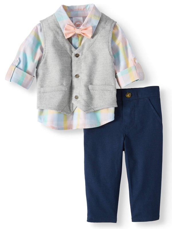 Vest, Rolled Up Sleeve Woven Shirt w/bow tie & Pants, 3pc Outfit Set