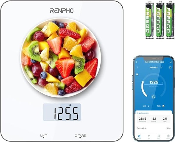 Food Scale, Kitchen Scale for Food Ounces and Grams, Smart Cooking Calorie Scale with Timer, Nutritional Analysis with App for Keto Macro Weight Loss, White, 11lb/5kg