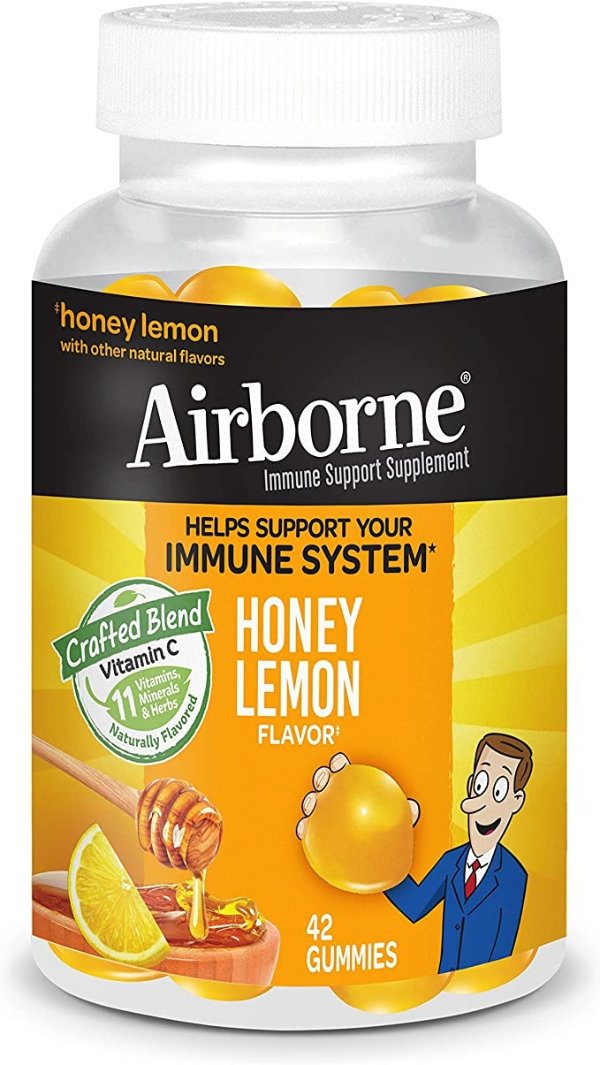 Vitamin C 200mg (per serving) – Airborne Honey Lemon Gummies (42 count in a bottle), Gluten Free Immune Support Supplement With Vitamins A C D E, Zinc, Selenium, Echinacea, Ginger, Antioxidants
