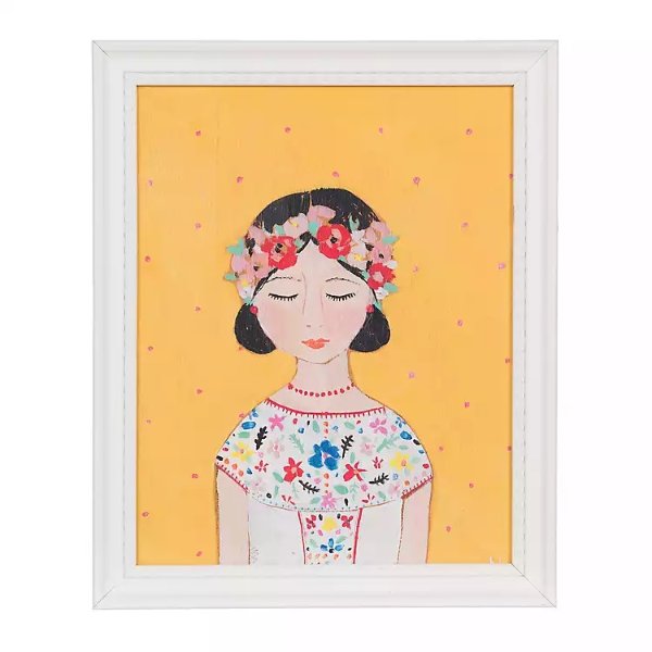 Girl on Coral Dots Framed Art Print