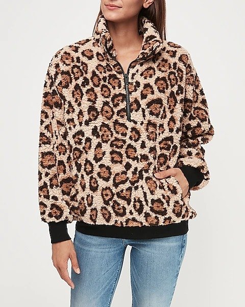 Cozy Leopard Print Sherpa Quarter Zip Sweatshirt