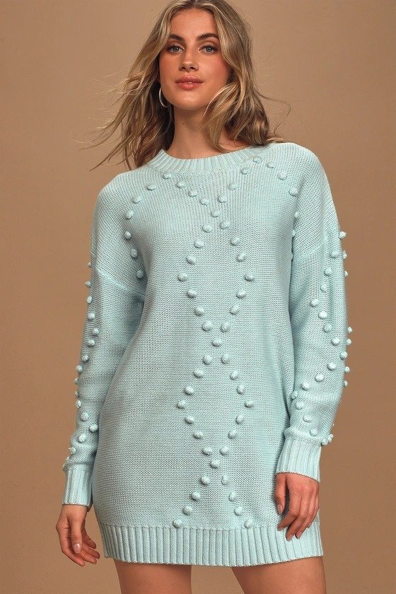 Pom Reader Light Blue Knit Pom Pom Mini Sweater Dress