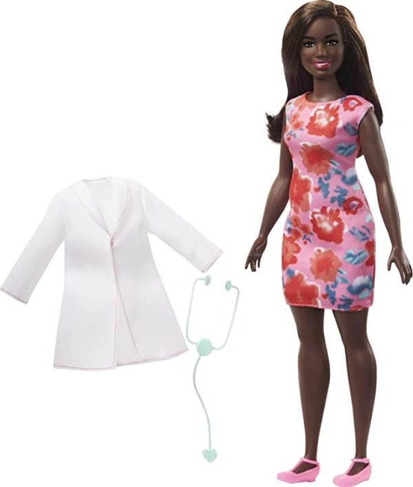 Doctor Doll (12-in/30.40-cm), Brunette Hair, Curvy Shape, Doctor Coat, Print Dress, Stethoscope Accessory, Great Toy Gift for Ages 3 Years Old & Up , White