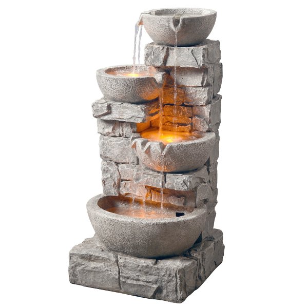 - Outdoor Stacked Stone Tiered Bowls Fountain w/ LED Light