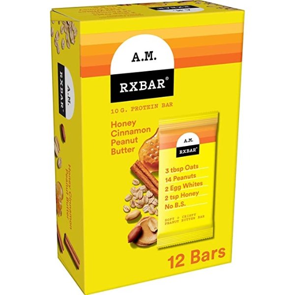A.M. Protein Bars, Gluten Free Snacks, Breakfast Snacks, Honey Cinnamon Peanut Butter, 23.2oz Box (12 Bars)