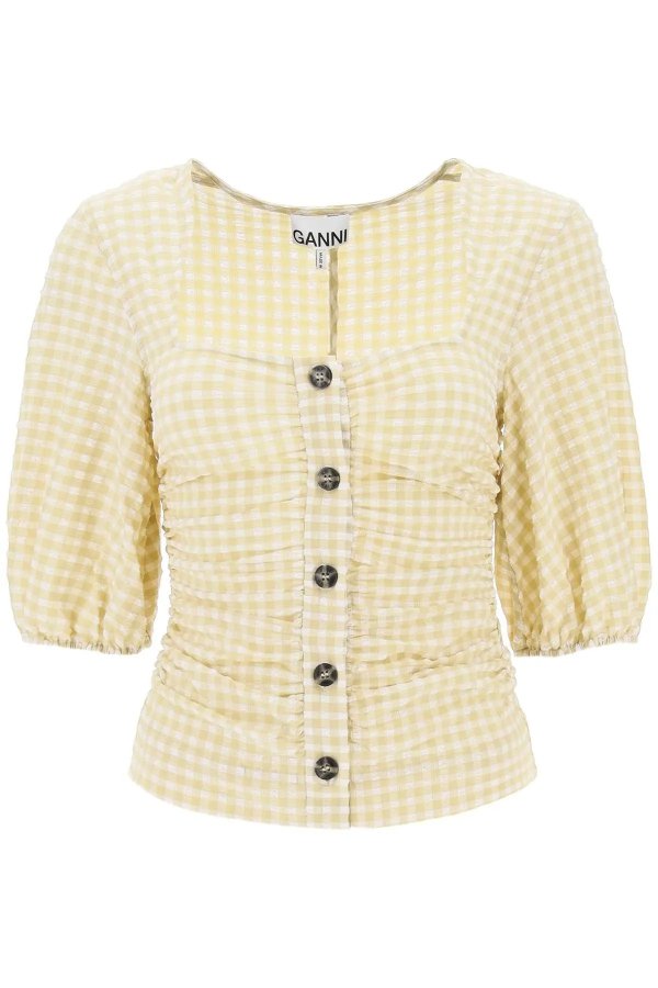 gathered blouse with gingham motif