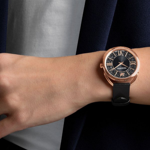 Crystalline Glam Watch, Leather Strap, Black, Rose gold tone by SWAROVSKI