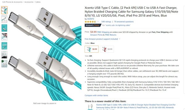 Xcentz USB Type C Cable, [2 Pack 6ft] USB C to USB A Fast Charger, Nylon Braided Charging Cable for Samsung Galaxy S10/S9/S8/Note 8/9/10, LG V20/G5/G6, Pixel, iPad Pro 2018 and More, Blue