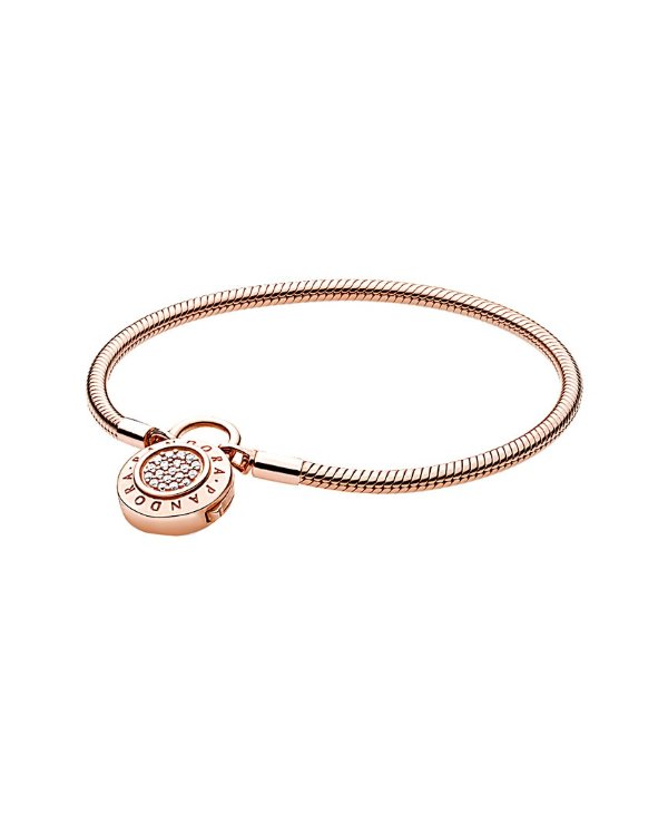 Rose Charm Carrier Moments 14K Rose Gold Pave Snake Chain Bracelet