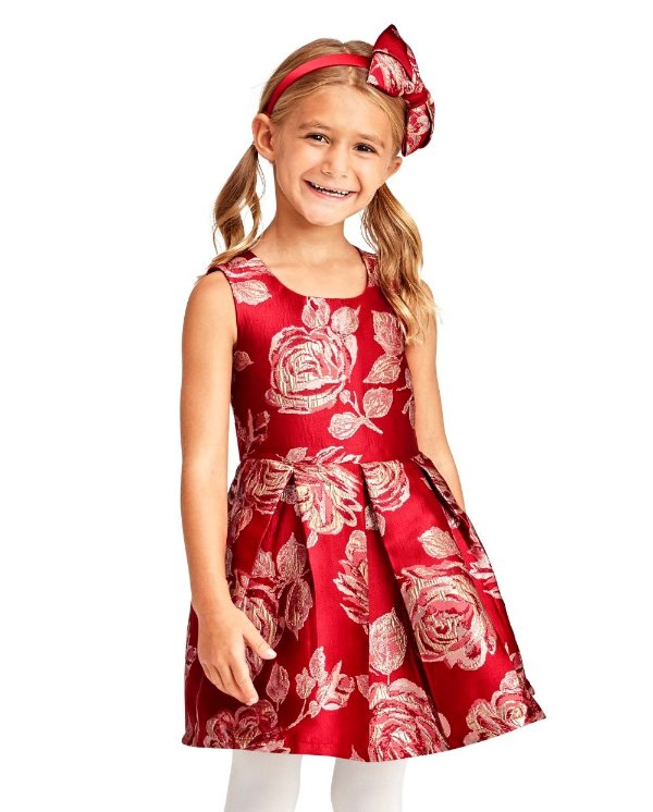 Toddler Girls Mommy And Me Sleeveless Metallic Rose Print Woven Jacquard Pleated Matching Dress