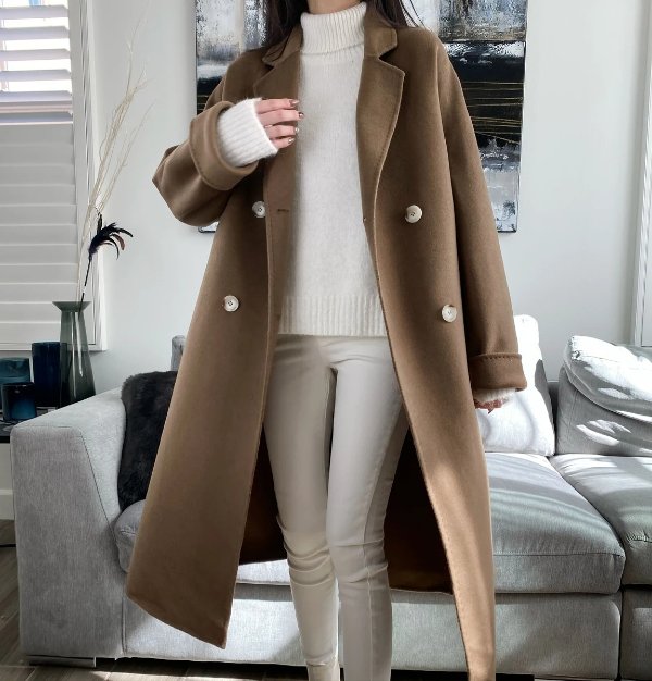 Double-Breasted Wool Coat - Coffee