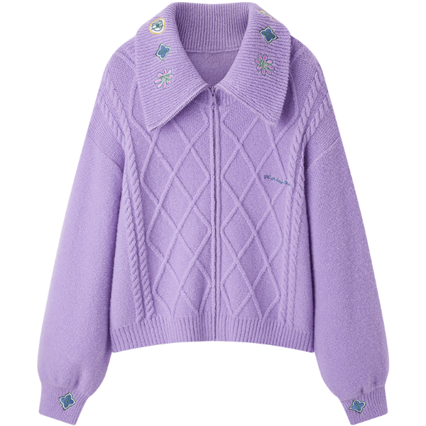 Embroidery Argyle Purple  Zip Up Cardigan