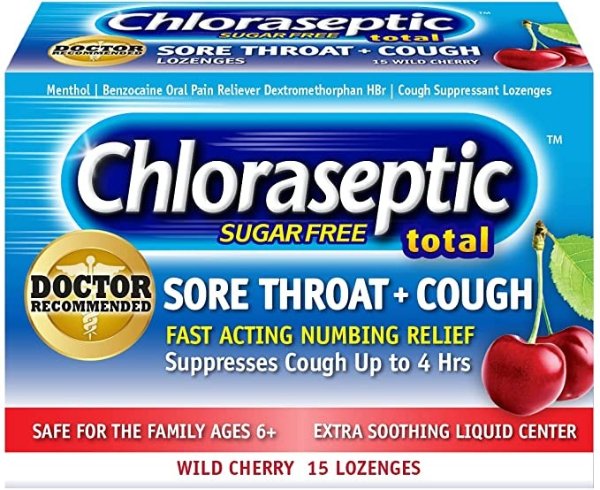 Chloraseptic Total Sore Throat + Cough Lozenges, Sugar-Free Wild Cherry Flavor, 15 Count