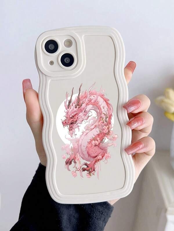 1pc Pink Dragon Pattern Anti-fall White Wavy Phone Case For Apple Phones