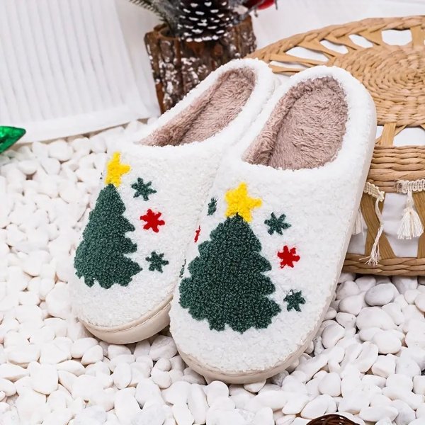Christmas Tree Print Fuzzy Slippers, Slip On Soft Sole Flat Home Warm Shoes, Winter Plush Cozy Non-slip Shoes