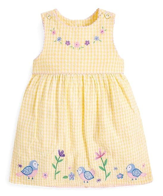 Yellow Gingham Embroidered Bird Sleeveless Babydoll Dress - Newborn, Infant, Toddler & Girls