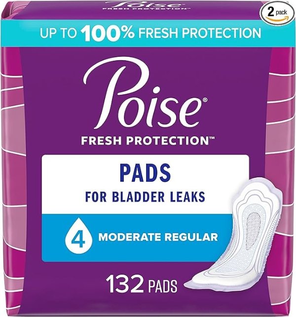 Incontinence Pads & Postpartum Incontinence Pads, 4 Drop Moderate Absorbency, Regular Length, 66 Count (Pack of 2), Packaging May Vary