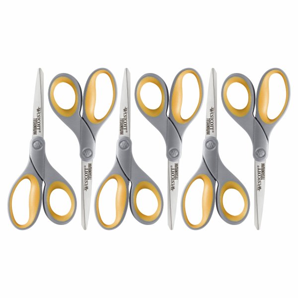 Titanium Scissors, 7", Straight, Gray/Yellow, for Office, 6 Pack
