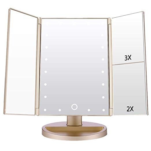 Vanity Makeup 2X 3X Magnifiers 21 LED Lights Tri-Fold 180 Degree Adjustable Countertop Cosmetic Bathroom Mirror Gold