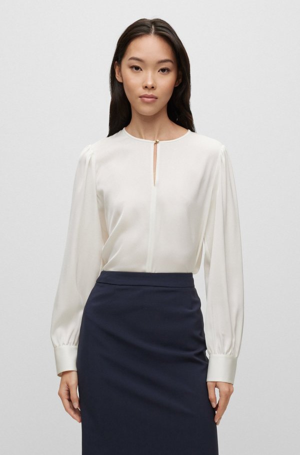 Long-sleeved top in stretch silk with keyhole neckline Pencil skirt in Italian stretch virgin wool by BOSS