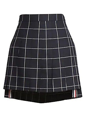 - High-Low Pleated Check Wool Skirt