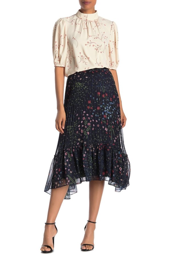Noora Floral Pleated High/Low Midi Skirt