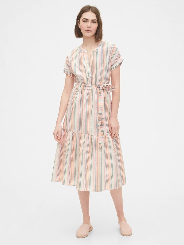 Linen-Cotton Ruffle Midi Dress