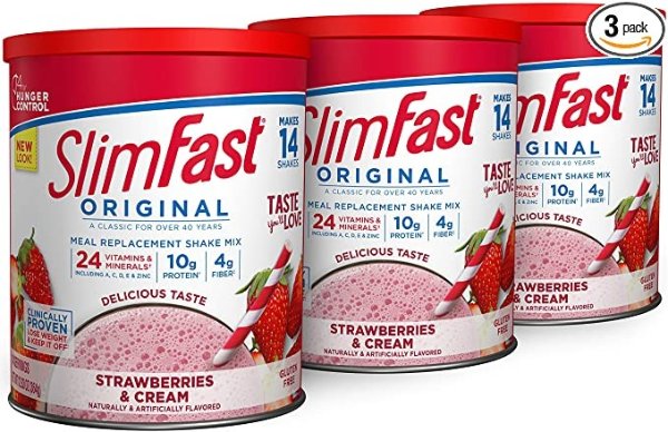 Meal Replacement Powder, Original Strawberries & Cream, Weight Loss Shake Mix, 10g of Protein, 14 Servings (Pack of 3)