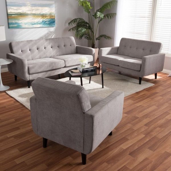 3pcCarina Mid Century Modern Light Upholstered Living Room Set Light Gray