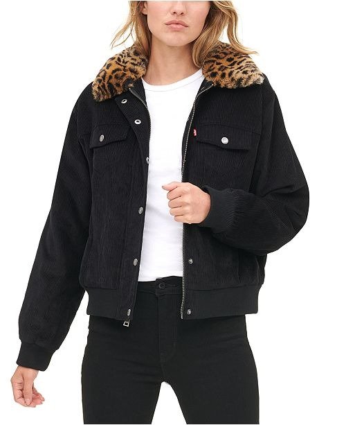 Women'sFaux Fur Collar Corduroy Trucker Bomber Jacket