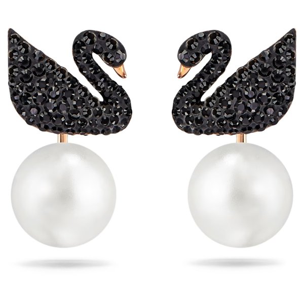 Swarovski Iconic Swan earring jackets Swan, Black, Rose gold-tone plated