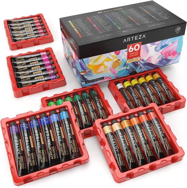 Acrylic Paint, Set of 60 Colors/Tubes (22 ml, 0.74 oz.) with Storage Box, Rich Pigments, Non Fading, Non Toxic Paints for Artist, Hobby Painters & Kids, Ideal for Canvas Painting