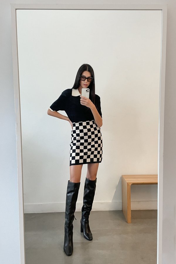 CHECKERED PRINT MINI SKIRT $48 Extra 20% off - discount applied at checkout SK-8913-W Black Black SK-8913-W-Black-S $48.00
