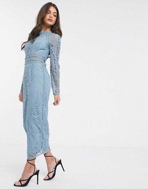 ASOS DESIGN long sleeve pencil dress in lace with geo lace trims dusty blue | ASOS