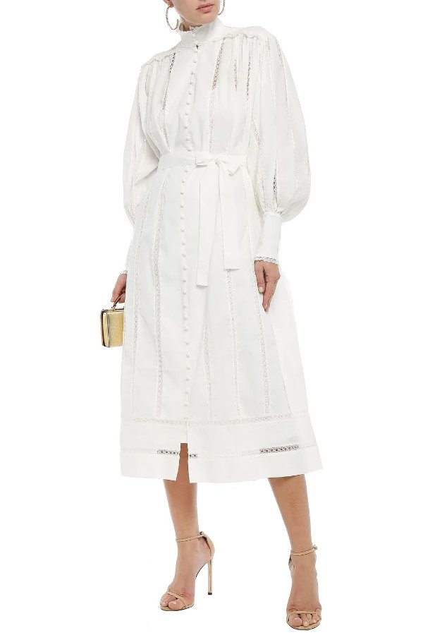 Lace Smock belted lace-trimmed cotton-broadcloth midi dress