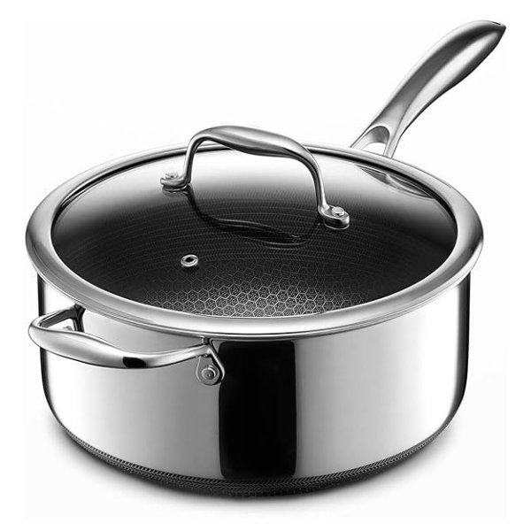 HexClad Hybrid Nonstick 5-Quart Saucepan with Tempered Glass Lid, Stay-Cool Handle, Dishwasher Safe, Induction Ready, Compatible with All Cooktops