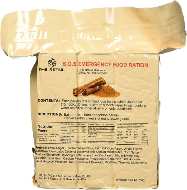 SOS Food Labs, Inc. 185000825 S.O.S. Rations EMERGENCY 3600 Calorie Food bar - 3 Day/ 72 Hour Package with 5 Year Shelf Life, 5" Height, 2" Wide, 4.5" Length