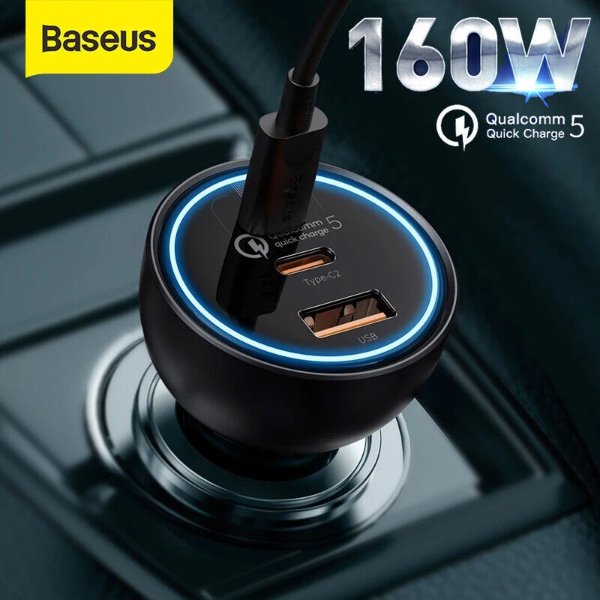 160W Fast Car Charger Dual Type-C USB C+USB 3 Ports Adapter For iPhone 13